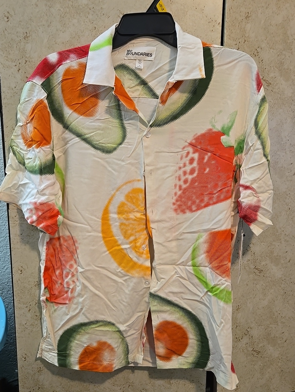 No Boundaries White Fruit Print Button-Up Shirt with Orange, Green, Yellow